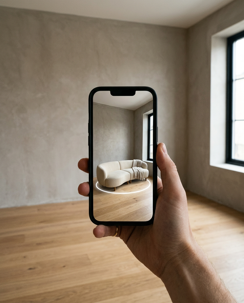 Mão a segurar um telemóvel que mostra um sofá em Realidade Aumentada num espaço da sala que, na vida real, está vazio